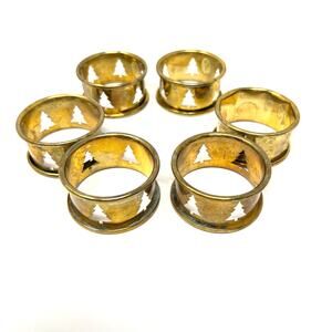 Set of 5 Vintage Brass Christmas Tree Cutout Napkin Rings Plus 1 Solid Farmhouse